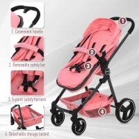 Qaba 2 In 1 Design Lightweight Baby Stroller Basket One-click Foldable Compact Travel Pushchair w/ Reclinable Back Footrest Seat Belt Storage Basket Suspension Wheels For 0-36 Months Pink(m-6)