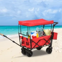 DURHAND Folding Push Pull Collapsible Wagon with Canopy and All-Terrain Wheels, Utility Rolling Cart Stroller for Beach and Shopping, Red(m-2)