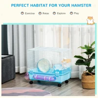 PawHut Hamster Cage, Gerbil Haven, Multi-storey Rodent House, Small Animal Habitats, Large Hide-out, w/ Water Bottle, Tubes, Exercise Wheel, Food Dish, Ramp, Shower Room, Light Blue(m-4)
