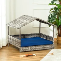 PawHut Pet House Wicker, for Indoor/Outdoor Rattan Furniture, with Water-Resistant and Removable Cushions, Elevated Bottom, Dark Blue(m-9)