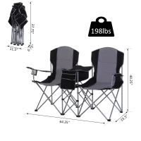 Outsunny 2 Person Folding Camping Chair Oxford Metal Fishing w/ Ice Bag  Cup Holder Black(m-3)