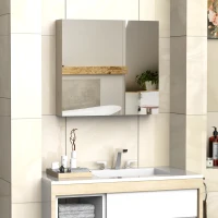 Kleankin 26" x 24" Wall Mounted Wood Durable Bathroom Mirror Cabinet Medicine Cabinet with Door Adjustable Shelves - Oak(m-2)