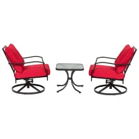 Outsunny 3pcs Outdoor 360° Swivel Metal Rocking Chair with Toughened Glass Coffee Table Set Garden Rocker & Tea Table Set w/ Cushion Red(m-5)