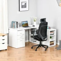 HOMCOM L-Shaped Computer Desk with Large Desktop, 3 Drawers and 5 Total Storage Shelves with Customized Assembly Options, White(m-2)