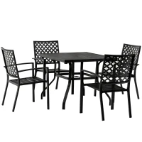 Outsunny 5-Piece Outdoor Patio Square Table Dining Set with 4 Stackable Chairs, Durable Steel Design, & Middle Umbrella Hole of 1.65'' or 1.5''(m-1)