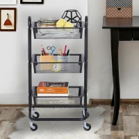HOMCOM 3-Tier Rolling Cart Multifunction Utility Cart Storage Cart Trolley on Wheels with Mesh  Metal Basket Black(m-2)