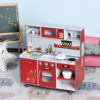 Qaba 2 in 1 Multifuction Kids Kitchen Play Set with Accessories Large Play Kitchen Red(m-2)