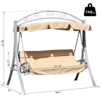Outsunny Garden Heavy-Duty A-Frame 3 Seat Metal Swing Chair Hammock w/ Canopy Cover and Cushions Beige(m-3)