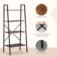 HOMCOM Wooden Metal 4 Tier Vintage Rustic Industrial Ladder Style Bookcase Shelf, Black/Vintage wood(m-5)