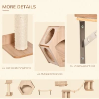 PawHut Cat Tree 5PCs Pet Wall-mounted Climbing Frame Shelf Set Kitten Perch Activity Center with Hammock, Scratching Post, Jumping Platform, Condo Light Brown(m-6)