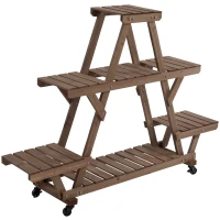 Outsunny 57'' x 14'' x 41'' 4 Tier Wooden Plant Shelf with Wheels Rolling Plant Pots Holder Stand Indoor Outdoor(m-8)