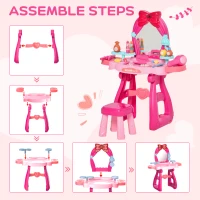 Qaba Pink Kids Vanity Makeup Table Set with Chair, 36-Piece Set Princess Vanity Table and Comfortable Safe Stool, Imaginative Toy, with Mirror Lights, Music, Bright Red, Pink(m-5)