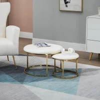 HOMCOM Nesting Coffee Table Set of 2, Round End Tables with Velvet-Feel Button Tufted Top for Living Room, Home Office, White(m-9)