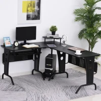 HOMCOM L-Shaped Corner Computer Office Desk Workstation with Elevated Shelf, Rolling Keyboard Tray, & Convenient CPU Stand, Black(m-8)