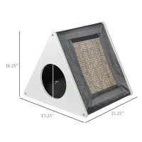 PawHut Wooden Cat House Triangle Shaped Bed Kitten Condo with Removable Cushion, Sisal Scratching Carpet, Grey and White(m-3)