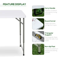 Outsunny 4ft Outdoor Folding Camping Table Garden Backyards BBQ Party Picnic Adjustable Table White(m-6)