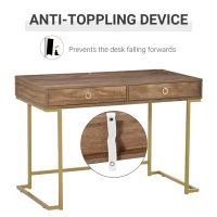 HOMCOM Modern Functional Computer Desk, Vanity Makeup Table with Two Drawers, Metal Frame, Wood Effect Top and Gold Leg for Bedroom, Office(m-7)
