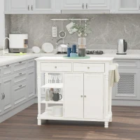 HOMCOM Vintage Kitchen Island with 3-Tier Open Shelving, Storage Cabinet with Drawers & Wood Legs, Adjustable Shelf for Living Room, Coffee Bar, White(m-8)