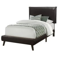 Monarch Twin Size Modern Upholstered Bed Frame with Padded Headboard and Brown Wood Legs - Brown Leather Look(m-1)