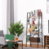 HOMCOM Wooden Metal 4 Tier Vintage Rustic Industrial Ladder Style Bookcase Shelf, Black/Vintage wood(m-2)