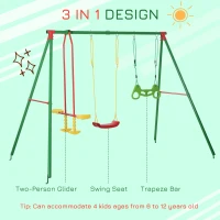 Outsunny 3 in 1 Kids Metal Swing Set w/ Monkey Bar Rings Glider and Adjustable Hanging Rope, Multiple Kids Playground Equipment for Backyard(m-7)