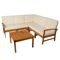 Outsunny 6 Piece L Shape Garden Sofa Set Solid Acacia Wood Garden Furniture Set with a Coffee Table for Yard and Bistro, Cream(m-4)