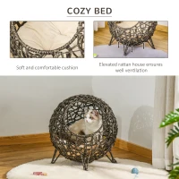 PawHut 20.5" Rattan Cat Bed, Kitten House, Elevated Round Condo for Comfort and Circulation with Cushion, Round Design(m-5)