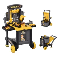 Qaba Workbench Set Pretend Play Toy with Realistic Tools 3-in-1 Design Suitcase Cart with 60 Pcs Accessories for Girls and Boys 3 to 6 Years Old Yellow(m-8)