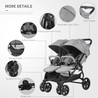 Qaba Side by Side Baby Double Stroller for Toddlers Twin Pushchair with Adjustable Backrest Foot Holder Canopy Safety Harness and Storage Basket Shock Suspension Grey(m-5)