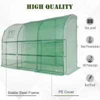 Outsunny 10' x 5' x 7' Lean to Greenhouse, Walk-In Wall Green House Plant Nursery with 2 Roll-up Doors and Window, PE Cover and 3 Wire Shelves, Green(m-4)