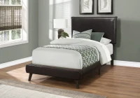 Monarch Twin Size Modern Upholstered Bed Frame with Padded Headboard and Brown Wood Legs - Brown Leather Look(m-2)