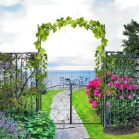 Outsunny 85" x 19" Metal Garden Arch & Gate with Elegant Scrollwork - Perfect for Climbing Vines and Outdoor Weddings(m-1)