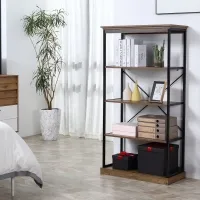 HOMCOM 4-Tier Industrial Bookshelf, Floor Standing Display Shelf, Bookcase with Metal Frame and Storage Shelving unit for Home Office, Living Room, Bedroom, Brown(m-1)