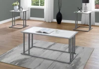Monarch 3 Piece Modern Minimalist Smooth Laminate Coffee Table / Two Matching End Tables Set - White / Silver Metal(m-2)