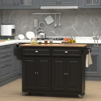 HOMCOM Rolling Kitchen Island on Wheels Ultility Cart with Drop-Leaf and Rubber Wood Countertop, Storage Drawer, Door Cabinet, Black(m-2)