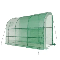 Outsunny 10' x 5' x 7' Lean to Greenhouse, Walk-In Wall Green House Plant Nursery with 2 Roll-up Doors and Window, PE Cover and 3 Wire Shelves, Green(m-1)