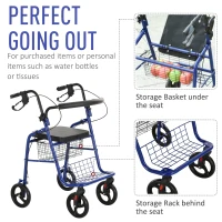 HOMCOM Adjustable Rollator Walker for Seniors with a Foldable Comfort Design, Steel Handbrakes, & Storage Space(m-6)