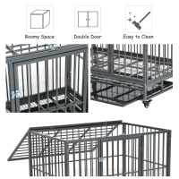 PawHut Heavy Duty Dog Cage Wheeled Pet Crate Exercise Kennel Double Door w/ Metal Tray Grey(m-5)