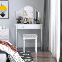 HOMCOM Luxury Wooden Vanity Table Set Makeup Table with Tri-Folding Mirror, Drawer and Padded Stool, White(m-6)