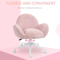 HOMCOM Faux Fur Leisure Chair Accent Chair Office Swivel Chair with Mid-Back Wide Design, Adjustable Seat Height, Steel Base, Wheels, Pink(m-4)