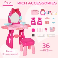 Qaba Pink Kids Vanity Makeup Table Set with Chair, 36-Piece Set Princess Vanity Table and Comfortable Safe Stool, Imaginative Toy, with Mirror Lights, Music, Bright Red, Pink(m-4)