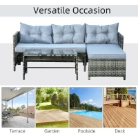 Outsunny 3 Piece Patio Furniture Set, Rattan Outdoor Sofa Set with Chaise Lounge & Loveseat, Soft Cushions, Tempered Glass Table, L-Shaped Sectional Couch, Light Gray(m-4)