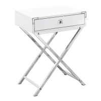 Monarch 24" Contemporary Accent Side End Table with Large Storage Drawer and Metal X-Design Legs - White / Chrome Metal Legs(m-1)