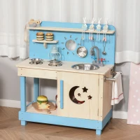Outsunny Wooden Kids Kitchen with Pots and Pans, Storage Shelf Cabinet, Side Hanger, Sun, Moon, Star Pattern for 3+(m-11)
