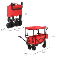 DURHAND Folding Push Pull Collapsible Wagon with Canopy and All-Terrain Wheels, Utility Rolling Cart Stroller for Beach and Shopping, Red(m-3)