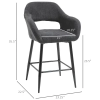 HOMCOM Counter Height Bar Stool Linen Fabric Upholstered Barstool Kitchen Breaskfast Chair with Footrest & Metal Legs, Dark Grey(m-3)