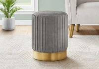 Monarch Upholstered Round Ottoman Pouf Stool with Metal Base - Grey Velvet / Gold Metal(m-2)
