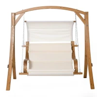 Outsunny Wooden Porch Swing Chair A-Frame Wood Log Swing Bench Chair With Canopy and Cushion for Patio Garden Yard(m-8)
