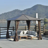 Outsunny 10' x 10' Hardtop Gazebo with Curtains and Netting, Permanent Pavilion Metal Roof Gazebo Canopy with Aluminum Frame, for Garden, Patio, Backyard, Deck, Dark Brown(m-2)