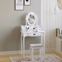 HOMCOM Vanity Table Set with Mirror and 3 Drawers, 360° Rotatable Wooden Makeup Dressing Table with Large Padded Stool, Gift for Women Girls, White(m-1)